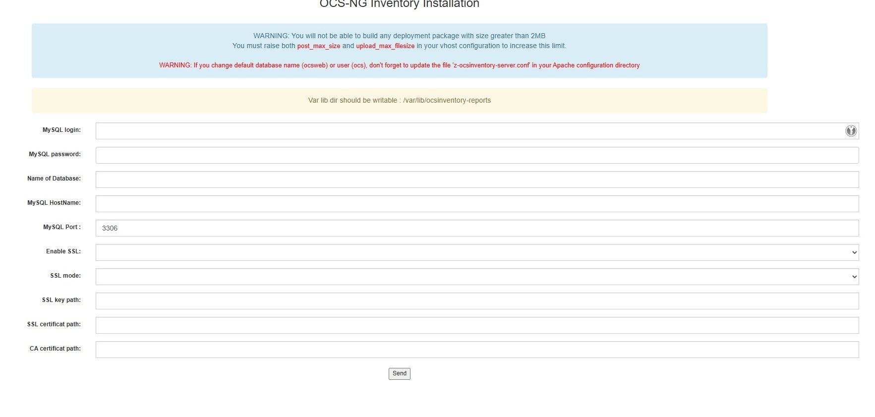 Formulaire de configuration de la base de données OCS