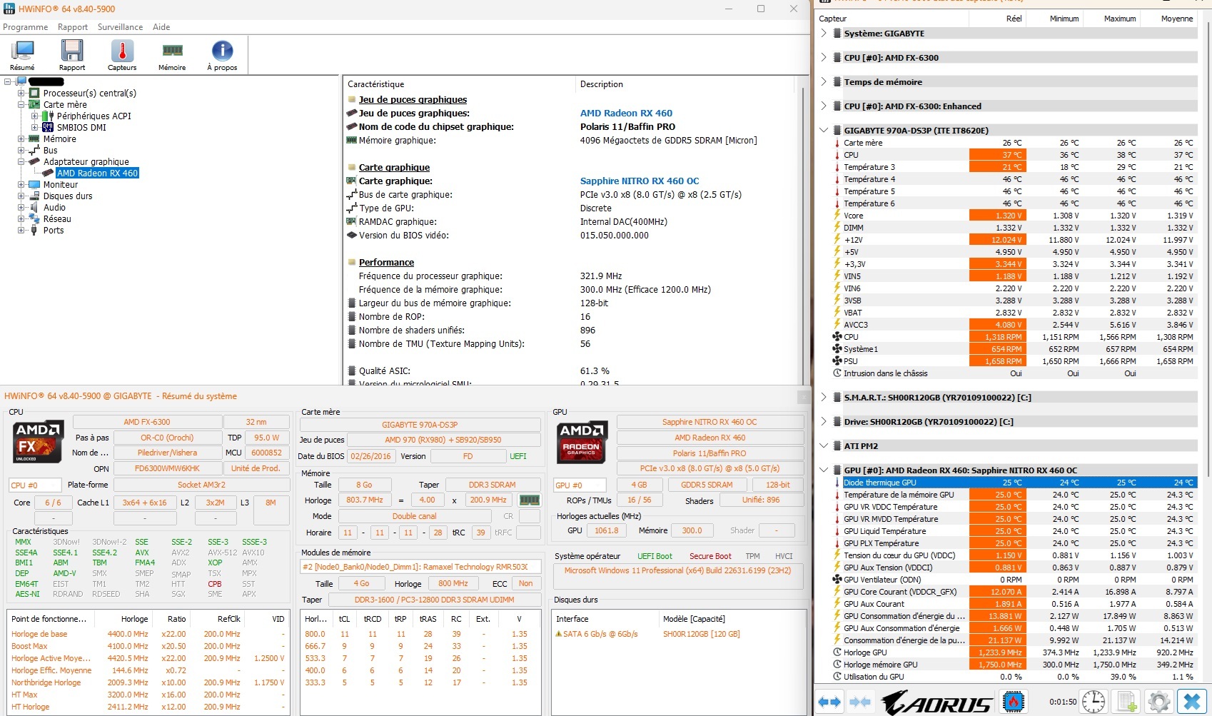 HWiNFO — GPU à 25°C au repos, ventilateur en mode semi-passif 0 RPM