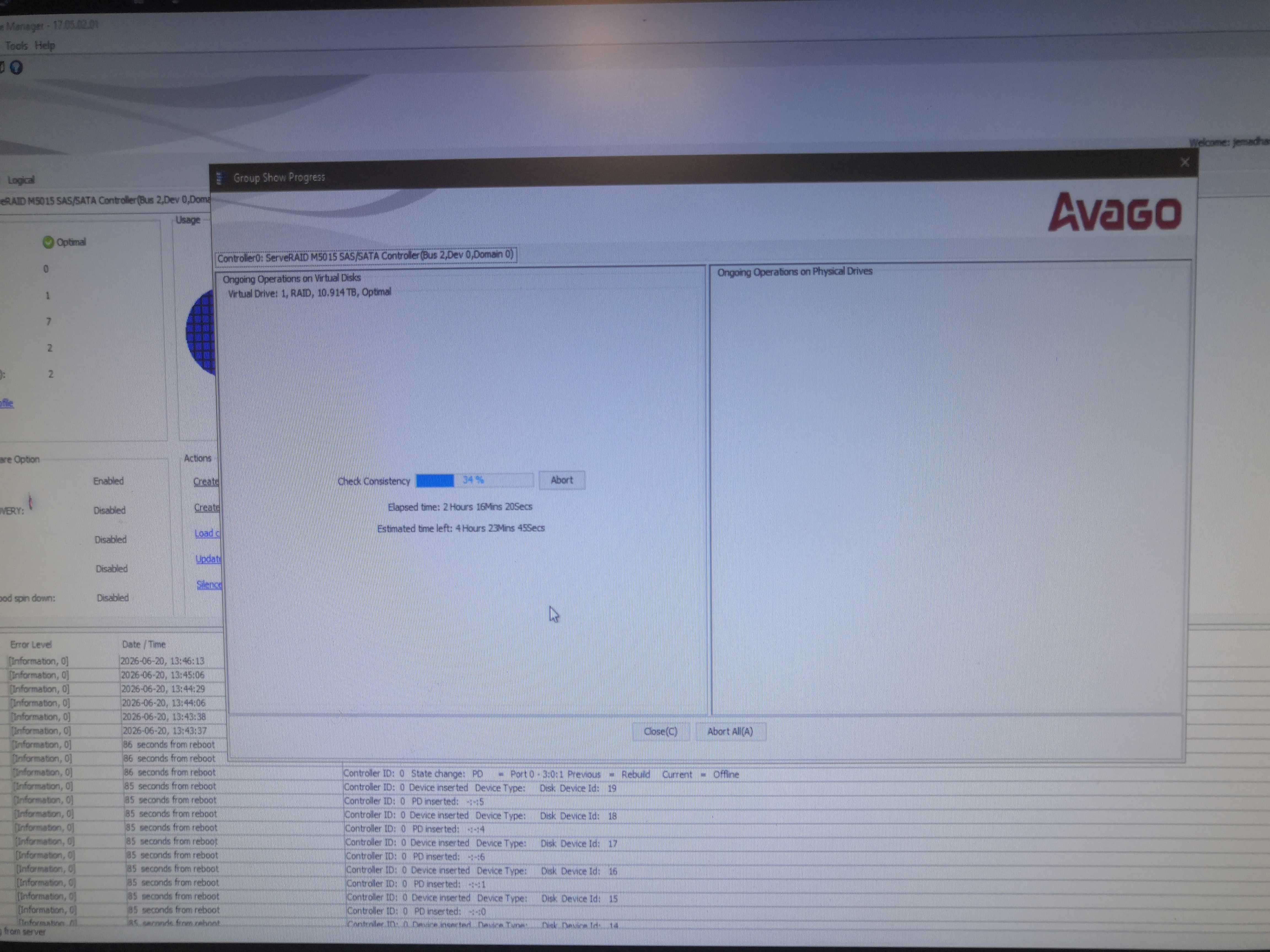 StorageManager - Check Consistency en cours à 34%