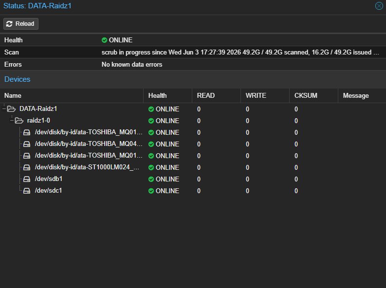 Pool ZFS — expansion en cours, 6 disques ONLINE